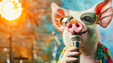 Happy and cheerful singing pig wearing fashionable colorful outfit sunglasses and holding a vintage microphone performing karaoke on stage at a lively party music concert with a random backgroundの素材