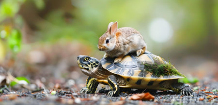 Unusual but Captivating Scene of a Turtle Carrying a Rabbit on Its Back in a Lush Forest Wilderness Setting Showcasing an Unexpected and Whimsical Interspecies Encounterの素材