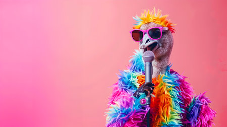 Flamboyant and Vibrant Singing Animal Wearing Sunglasses and Colorful Fashion Outfit Holds a Vintage Microphone Performing Karaoke at a Lively Music Party or Concertの素材