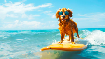 Cheerful Golden Retriever Puppy Surfing on Ocean Wave with Sunglasses  Adorable and energetic dog riding on surfboard and enjoying summer vacation at the beachの素材