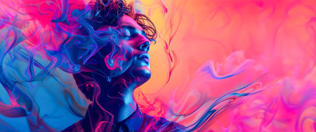 This captivating digital art portrait features a young man with his eyes closed, surrounded by an ethereal haze of swirling smoke and bold neon colors The vibrant mix of pink, orange, blue, purple,の素材