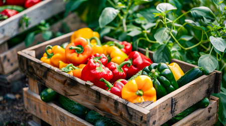 Bountiful Summer Vegetable Harvest in Rustic Wooden Box  Fresh organic peppers and other colorful produce from a local garden or farm displayed in a wooden crate or containerの素材