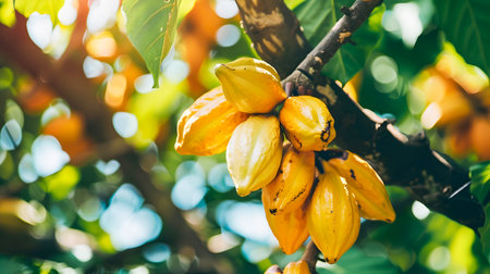 Closeup of ripe orange yellow cocoa fruit pods hanging on the branches of a healthy cacao tree in a tropical agricultural plantation setting  Cocoa beans the main ingredient in chocolateの素材