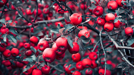 Lush ripe red apples hanging in abundance on the branches of an apple tree in a thriving orchard  The apples are ready for harvesting in the autumn seasonの素材
