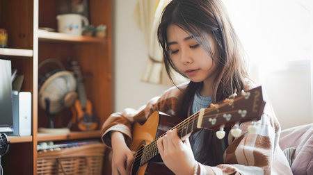 Asian Female Musician Lifestyle with Acoustic Art Instrument Young Guitarist Playing and Singing a Song in Hobby at Homeの素材