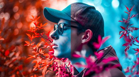 A stylish Asian man donning glasses and a hat is captured in profile, set against a backdrop of vibrant autumn foliage The image features a high-contrast, double-exposure effect, blending the subjectの素材