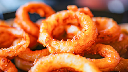 Close-up view of delicious and crunchy fried onion rings on a plate with sauce perfect as an appetizer or side dishの素材