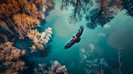 An eagle soars through the sky in a majestic midair flight, captured in an aerial photograph taken during winter The eagle is surrounded by trees and branches, with the stunning blue tones of the skyの素材