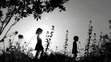 Two children engage in playful exploration within a lush garden, their black and white silhouettes contrasting against the vibrant sunlit backdrop, creating a cinematic and high-resolution photographの素材