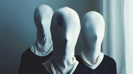 Three mannequins don white fabric masks in this minimalist, mysterious photograph, boasting soft lighting, dark tones, and a portrait composition with a minimalist background Close-up shots of theの素材