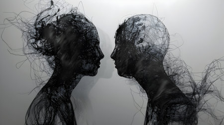 Two wire models are embracing each other in a black background in a 3d style creating a romantic and intricate scene with contrast and fine art touchの素材