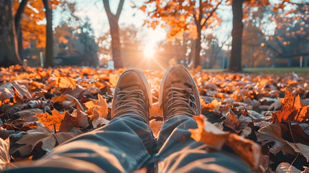 A beautiful and artsy y2k aesthetic image featuring a persons feet in a bed of autumn leaves with the sun setting in the backgroundの素材