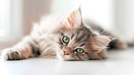 Adorable Gray Longhair Kitten Lying Peacefully on White Table with Curious Green Eyes and Soft Fluffy Fur Textureの素材