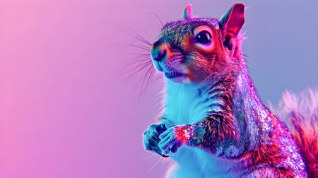 Captivating image of a squirrel adorned in a disco inspired glittering neon hued outfit surrounded by a vibrant surreal and fantastical backdrop creating a striking and imaginative visual conceptの素材