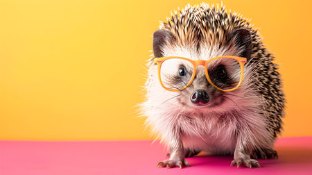 Adorable studio portrait of a curious hedgehog wearing glasses and posing against a simple vibrant background  This unique and whimsical image showcases the hedgehog s cute and quirky charmの素材