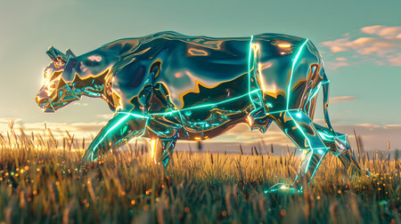 Futuristic metallic 3D rendered image of an electrified neon lit animal prowling through a lush natural landscape  This striking conceptual artwork depicts a glimpse of a technologicalの素材
