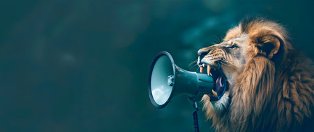 Fierce maned lion fiercely roaring and bellowing intensely into a large black megaphone or loudspeaker creating a powerful loudの素材