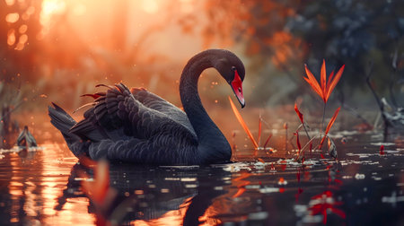 Enchanting Black Swan Floating on Tranquil Pond at Magical Sunset  Elegant and graceful bird with regal presence reflected in the still watersの素材
