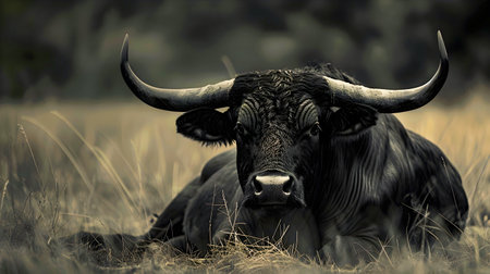 Commanding Monochromatic Bull Emerges from Misty Grassland   A powerful black bull stands tall and imposing its sharp horns silhouetted against a moody atmospheric landscape shrouded in mist and fogの素材