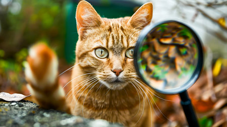 Closeup portrait of a curious Scottish Straight breed domestic cat gazing through a magnifying glass exploring and closely examining its surroundings with a thoughtful inquisitive expressionの素材