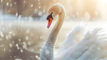 Majestic white swan gracefully gliding across the still reflective waters of a serene natural pond  The swan s elegant feathers and movements create a tranquilの素材