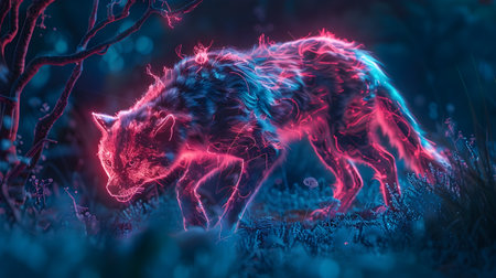 Metallic electrified and neon infused creature prowling through a surreal futuristic landscape of nature  This digital 3D rendering evokes a sense of technology powerの素材