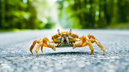 A close up image of a crab an arthropod crustacean walking sideways on a paved asphalt or concrete road with a lush green forest in the backgroundの素材
