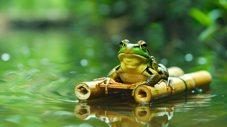 Whimsical Frog Sitting Atop a Bamboo Raft Drifting Along a Peaceful Reflective Stream Surrounded by Lush Verdant Foliage in a Tranquil Natural Settingの素材
