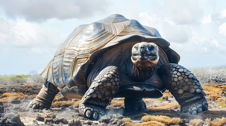 Majestic Galapagos tortoise  a large  ancient reptile  resting in its natural outdoor environment amidst clouds  grass  and a serene landscape  The Galapagos tortoise is a hardyの素材