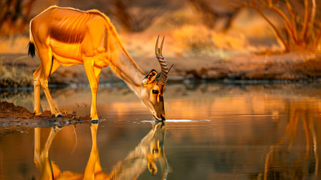 Majestic Kudu Antelope Drinking at Sunset in African Savanna  Graceful antelope with striking spiral horns standing in shallow watering holeの素材