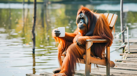 Orangutan relaxing and enjoying a cup of coffee while sitting on a wooden chair on a deck overlooking a peaceful lake in a natural tranquil environmentの素材