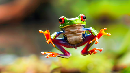 Vibrant Green Tree Frog Leaping Beautifully on Tropical Foliage   Closeup macro shot of a curious playful amphibian jumping gracefully among lush colorful leaves and branches in a naturalの素材