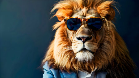 Majestic Lion Portrait in Trendy Suit and Sunglasses on Plain Background with Ample Copy Space for Text Overlay or Graphic Designの素材