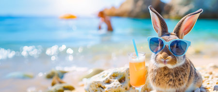 Carefree bunny in sunglasses leisurely sipping a refreshing cocktail on a picturesque tropical beach surrounded by the tranquil ocean and idyllic coastal sceneryの素材