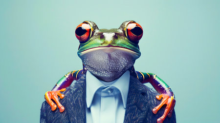 Striking Stylized Frog Portrait in Vibrant Green and Blue Tones Showcasing a Unique and Eye Catching Animal Character Design with a Fashion Inspired Aestheticの素材