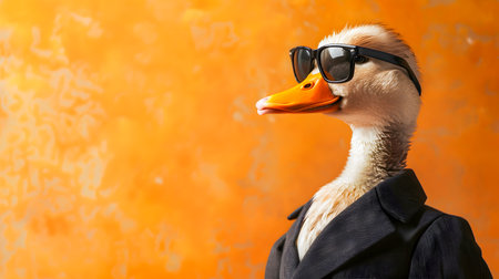 Stylish Business Duck Character Wearing Suit Tie and Sunglasses with Orange Textured Background and Copy Space for Advertising or Brandingの素材