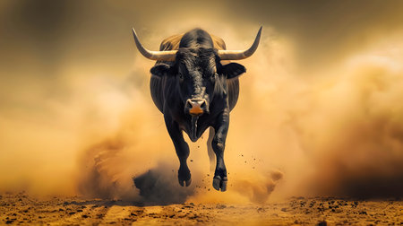 Fierce and Unstoppable Bull Charging Down Dusty Rural Road with Billowing Smoke and Dust Kicking Up in its Wakeの素材