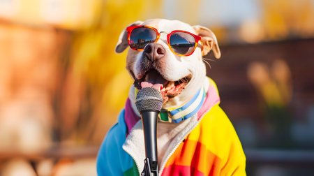 Cheerful Canine Performer Singing Karaoke into Vintage Microphone while Wearing Stylish Sunglasses and Vibrant Fashion Outfit   Party Music and Entertainment Conceptの素材