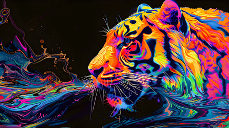 Vibrant and surreal digital art featuring a wild tiger in a state of distortion and melting portrayed in a psychedelic neon color palette against a dark backgroundの素材