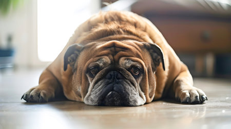 Overweight and obese pet dog suffering from excess weight and health issues due to poor diet and lack of physical activity at home  The dog appears sadの素材