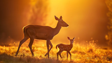 Majestic red deer hind with her young calf silhouetted against the warm glowing backdrop of a serene sunset in their natural grassland habitat  The tenderの素材