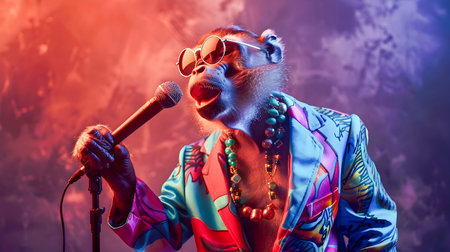 Energetic and Colorful Baboon Performs Karaoke Holding a Vintage Microphone and Dressed in a Fashionable Outfit Against a Random Background Showcasing a Lively and Celebratory Moodの素材