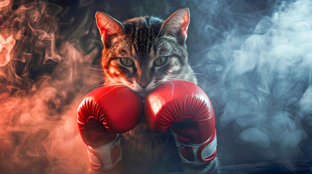 A captivating digital depicting a fierce determined cat wearing boxing gloves standing in a dramatic smoke filled background with ample copy space conveying a conceptual theme of strength powerの素材