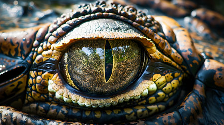 Intense piercing gaze of a majestic crocodile revealing its primal power ferocity and ancient evolutionary adaptations as a dominant predatorの素材