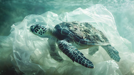 Endangered Sea Turtle Trapped and Tangled in Plastic Bag Ocean Pollution and Environmental Conservation Concept  Highlighting the Urgent Need for Plastic Waste Reduction and Marine Life Protectionの素材