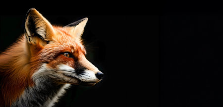 Majestic red fox with a striking orange red fur coat and a keen observant gaze stares intently against a dramatic pitch black background  This powerfulの素材