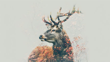 Captivating double exposure portrait of a majestic red deer blending seamlessly with the vibrant autumn flora creating a mesmerizing and natural sceneの素材