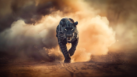 Powerful black leopard swiftly charging and running across a dirt road kicking up clouds of dust in its wake in a dramatic wilderness landscapeの素材
