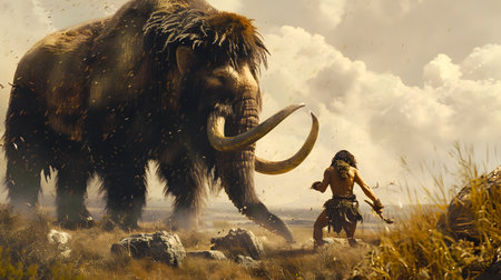 Prehistoric Hunting Scene of Primitive Caveman Attacking and Confronting Massive Woolly Mammoth in Wild Grassy Field Landscape of Ice Age Eraの素材