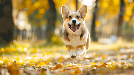 Lively and Energetic Corgi Dog with Prosthetic Legs Running Joyfully Through an Autumn Park Landscape with Fallen Leaves on the Ground  Concept of Pet Resilience Animal Prostheticsの素材